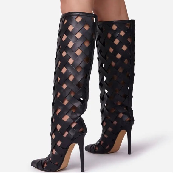 WOVEN DETAIL CAGED POINTED TOE HEEL KNEE HIGH ANKLE BOOT IN BLACK FAUX LEATHER - Picture 3 of 6